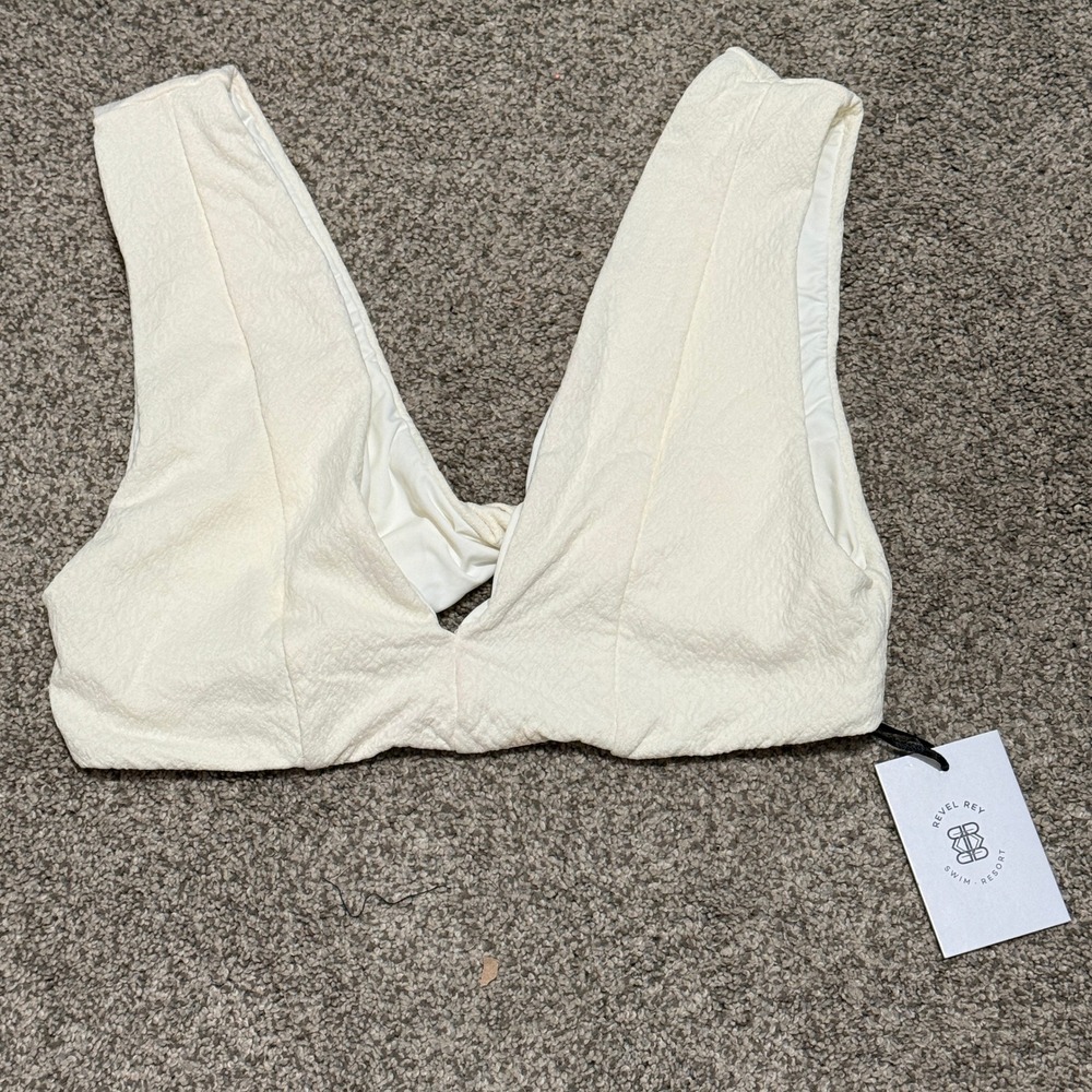 Revel Rey Twist Front Bikini‎ Top Textured Crinkle Cream Ivory Large Women Swim